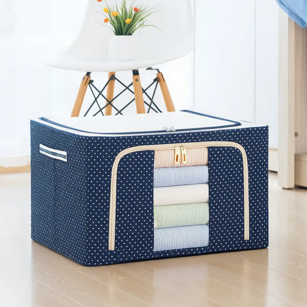 Grosyhub Double-Sided Zipper Living Box - Fabric Storage Boxes for Clothes, Saree Cover Bags - 44 Litre, Pack of 1, Polka Dot