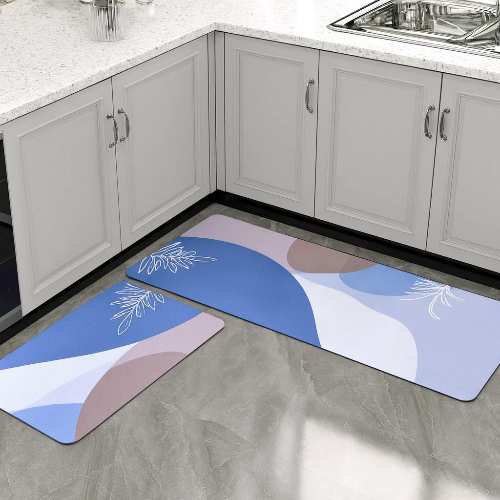Grosyhub Leaf Print Non-Slip Kitchen Rug Combo, Water Absorbent with Rubber Backing, 120x40cm + 60x40cm