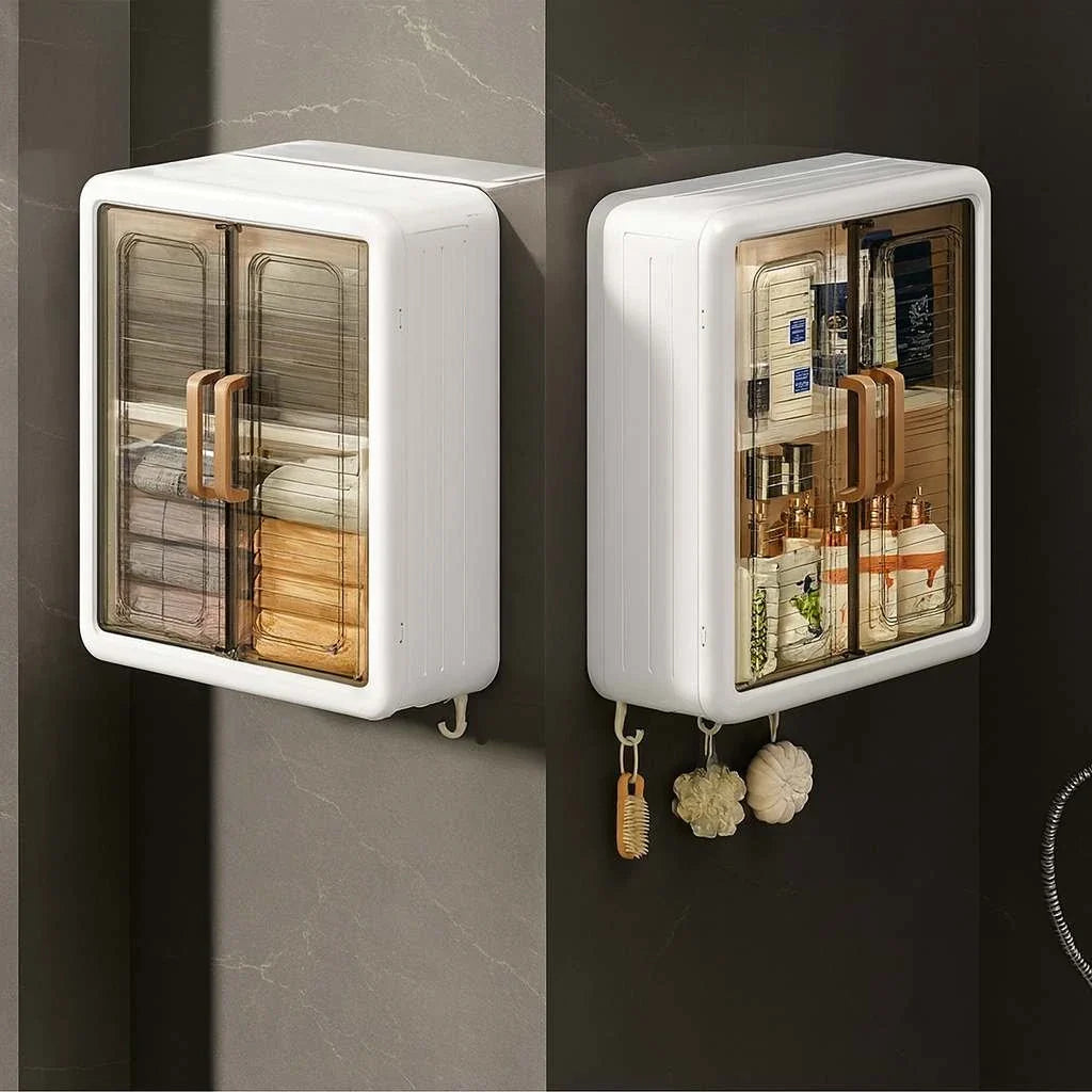 Grosyhub Classy White Double Door Wall Mounted Transparent Storage Box with Hooks