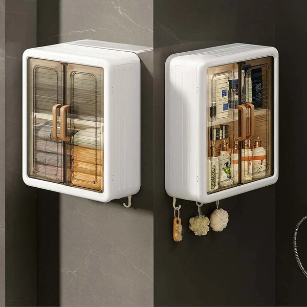 Grosyhub Classy White Double Door Wall Mounted Transparent Storage Box with Hooks
