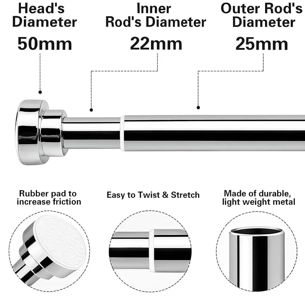 Grosyhub Adjustable Shower Curtain Tension Rod 105CM| Non-Drilling| Anti-Skid|Multi-Purpose| Spring Pull Rod - (Stainless Steel)