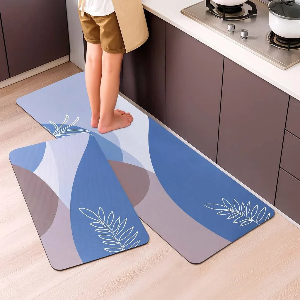 Grosyhub Leaf Print Non-Slip Kitchen Rug Combo, Water Absorbent with Rubber Backing, 120x40cm + 60x40cm