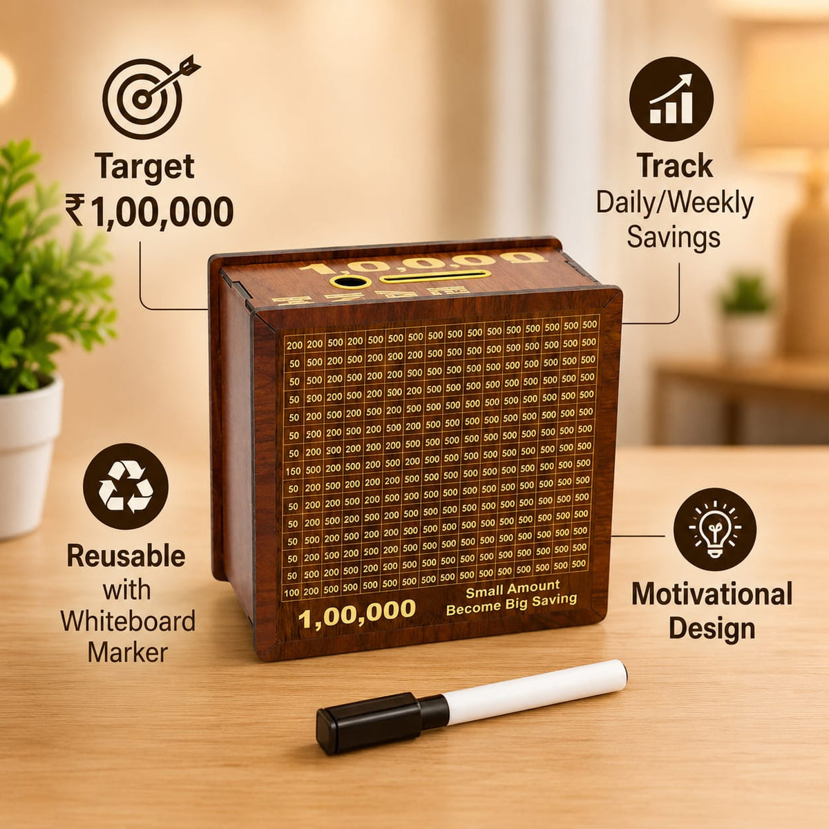 Wooden Money Saving Box Up To 1,00,000 (One Lakh)