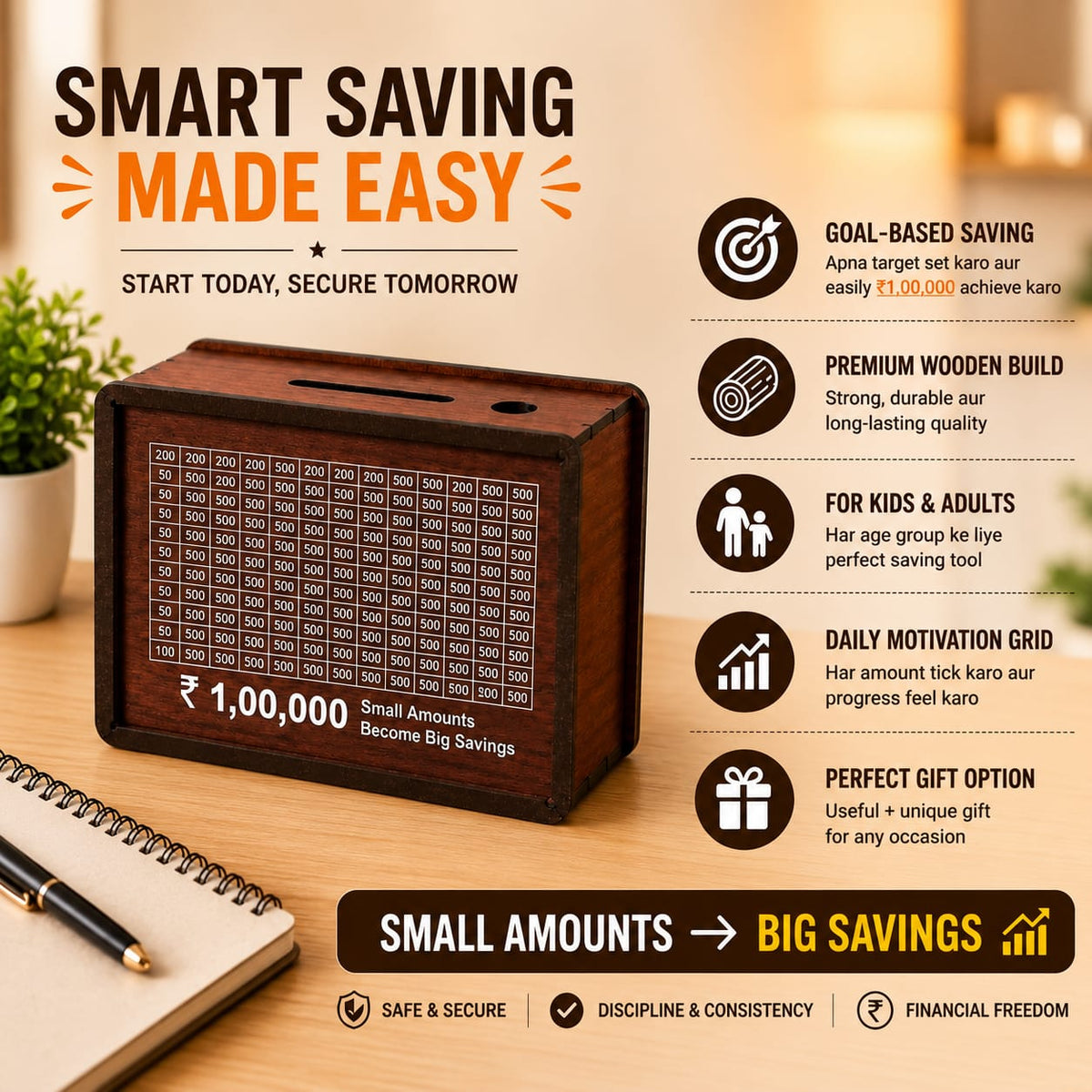 Wooden Money Saving Box Up To 1,00,000 (One Lakh)