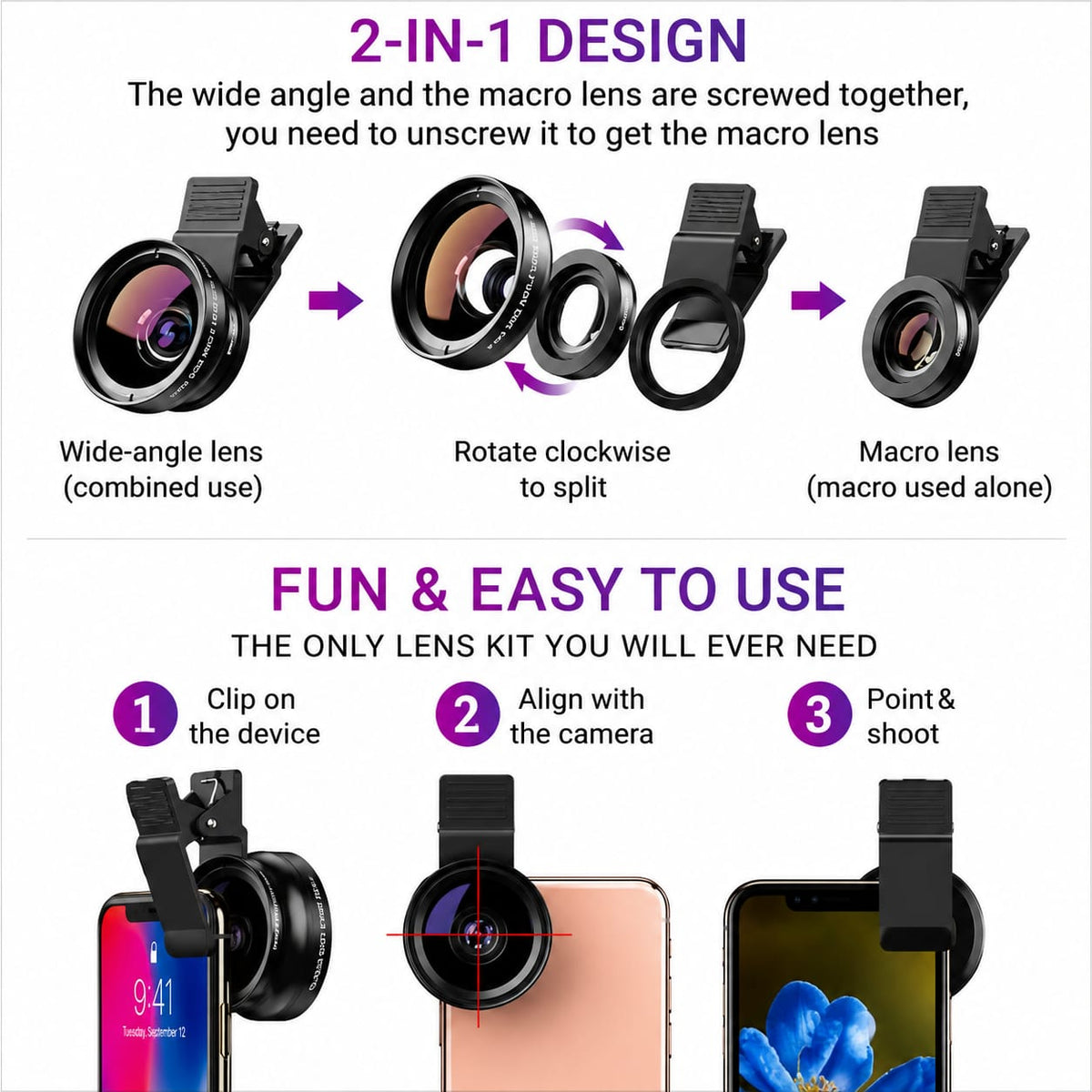 0.45X Wide Angle Lens 140°+ 15X Macro Lens for Mobile