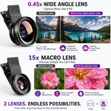 0.45X Wide Angle Lens 140°+ 15X Macro Lens for Mobile