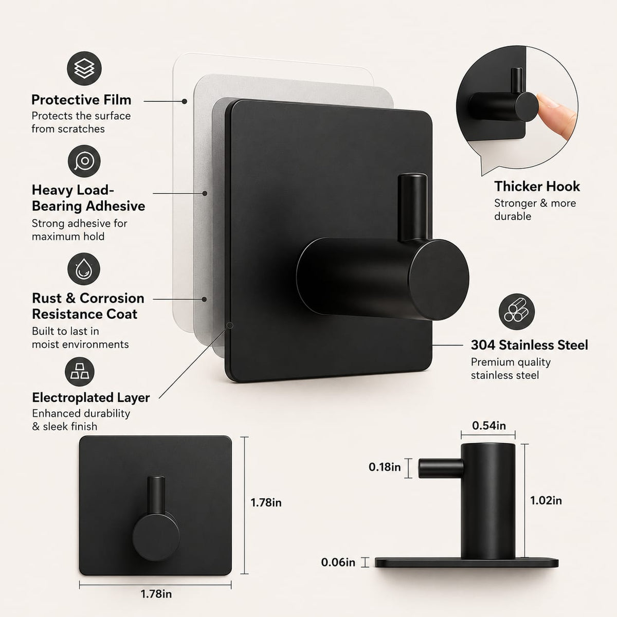 Adhesive Hooks - Heavy Duty Wall Hangers for Bathroom Stainless Steel