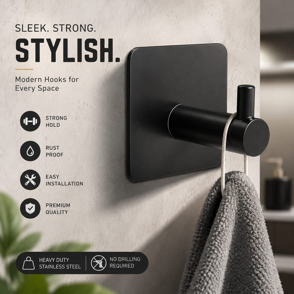 Adhesive Hooks - Heavy Duty Wall Hangers for Bathroom Stainless Steel