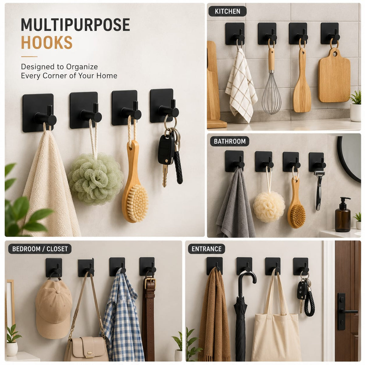 Adhesive Hooks - Heavy Duty Wall Hangers for Bathroom Stainless Steel