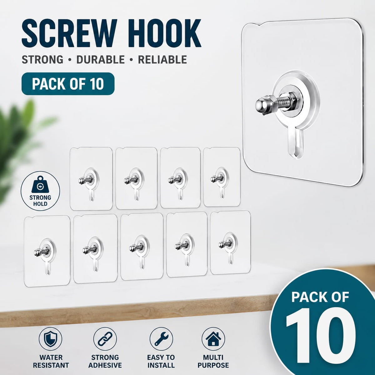 Screw Hooks for Hanging (Pack of 10) | Heavy Duty Adhesive Wall Hooks