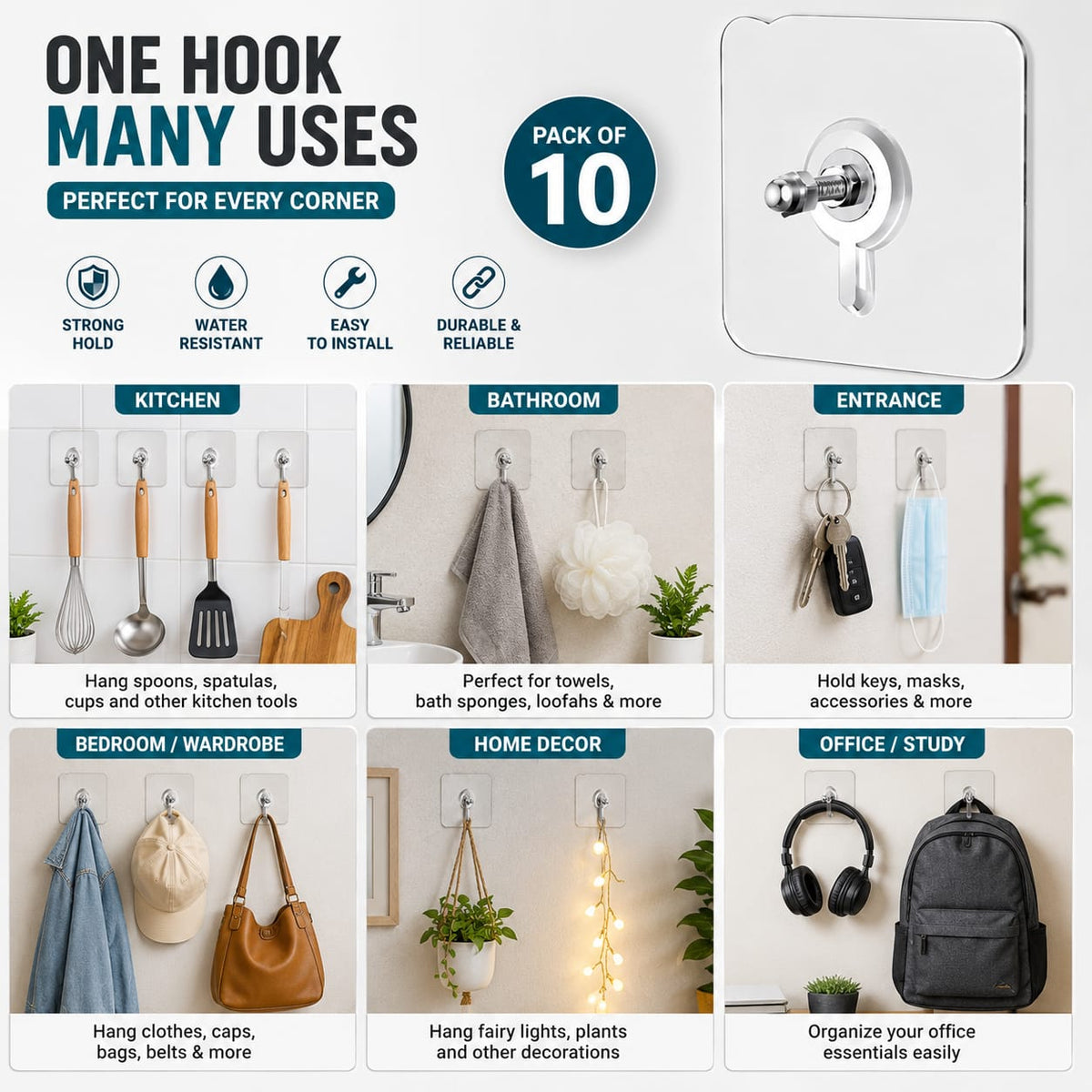 Screw Hooks for Hanging (Pack of 10) | Heavy Duty Adhesive Wall Hooks