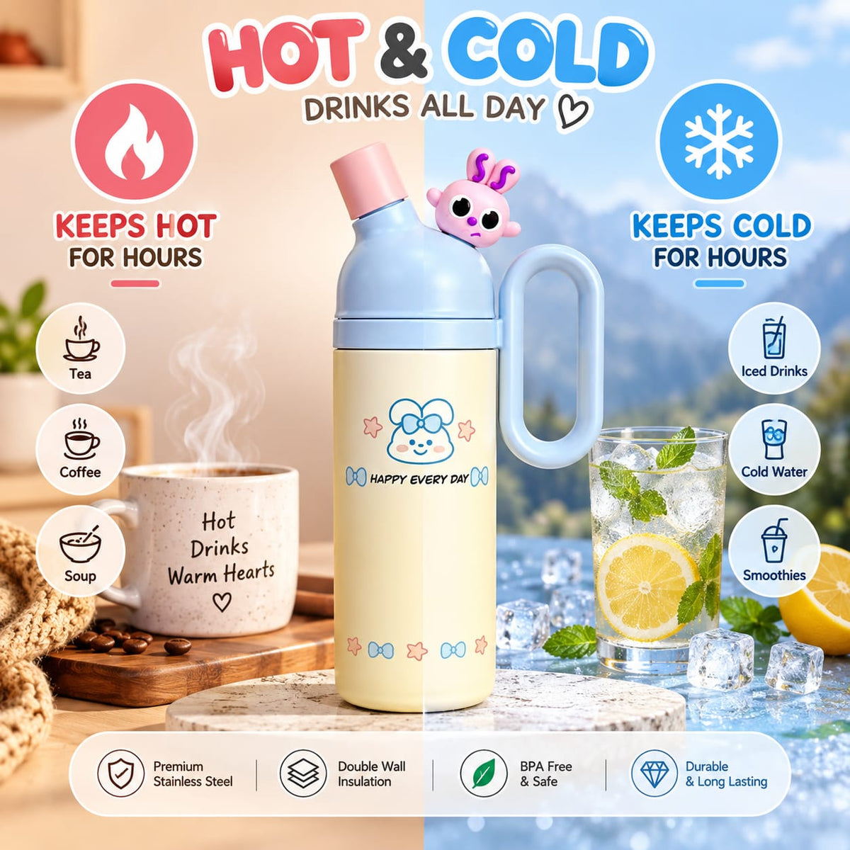 Cute Kawaii Water Bottle | Insulated Stainless Steel Sipper Bottle
