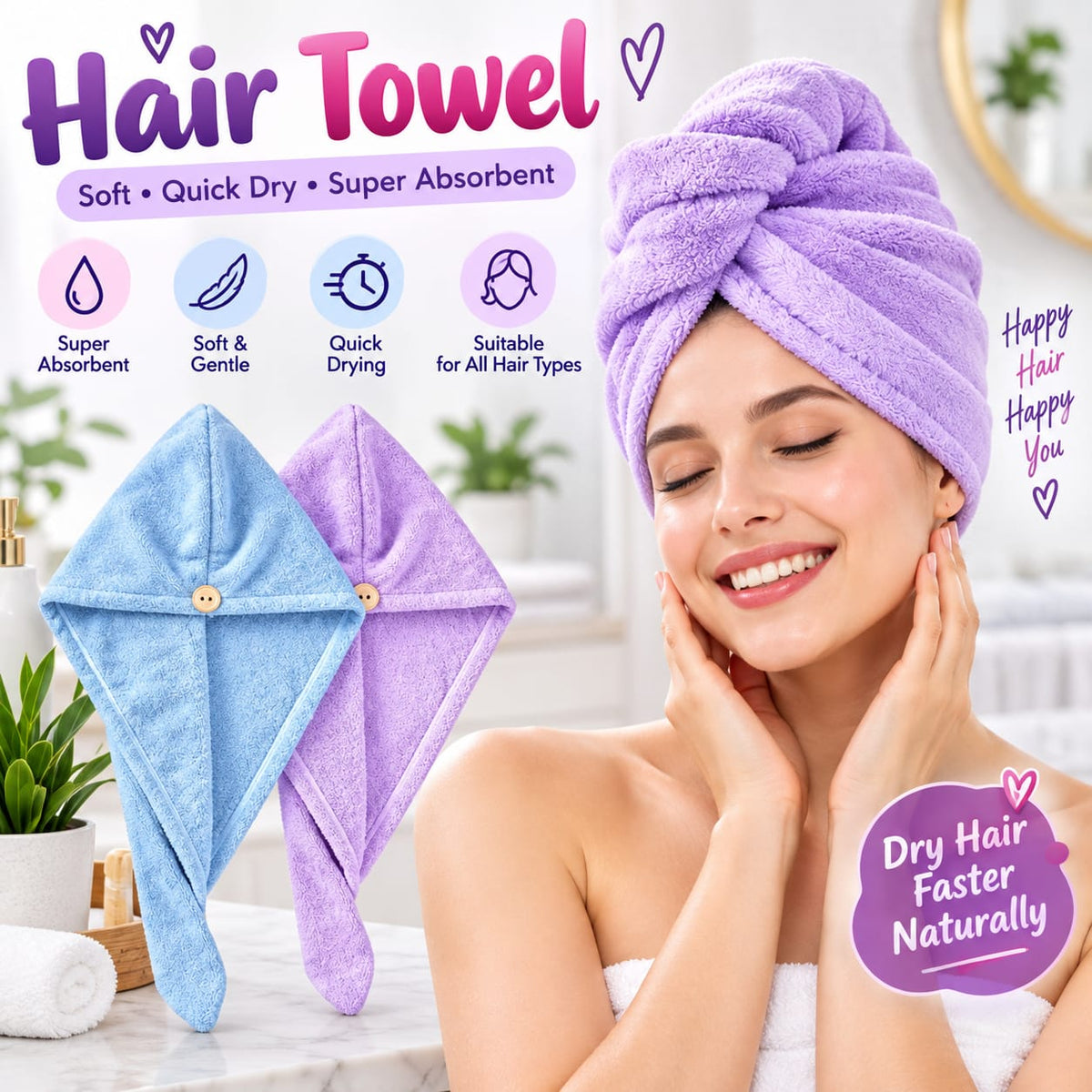 CuddleDry Hair Towel for Women 500 GSM (Multicolour)