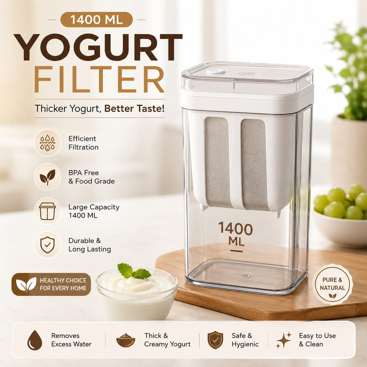 Grosyhub Multifunctional Yogurt Filter with FineYogurt Filter Mesh Strainer (1400 ml)