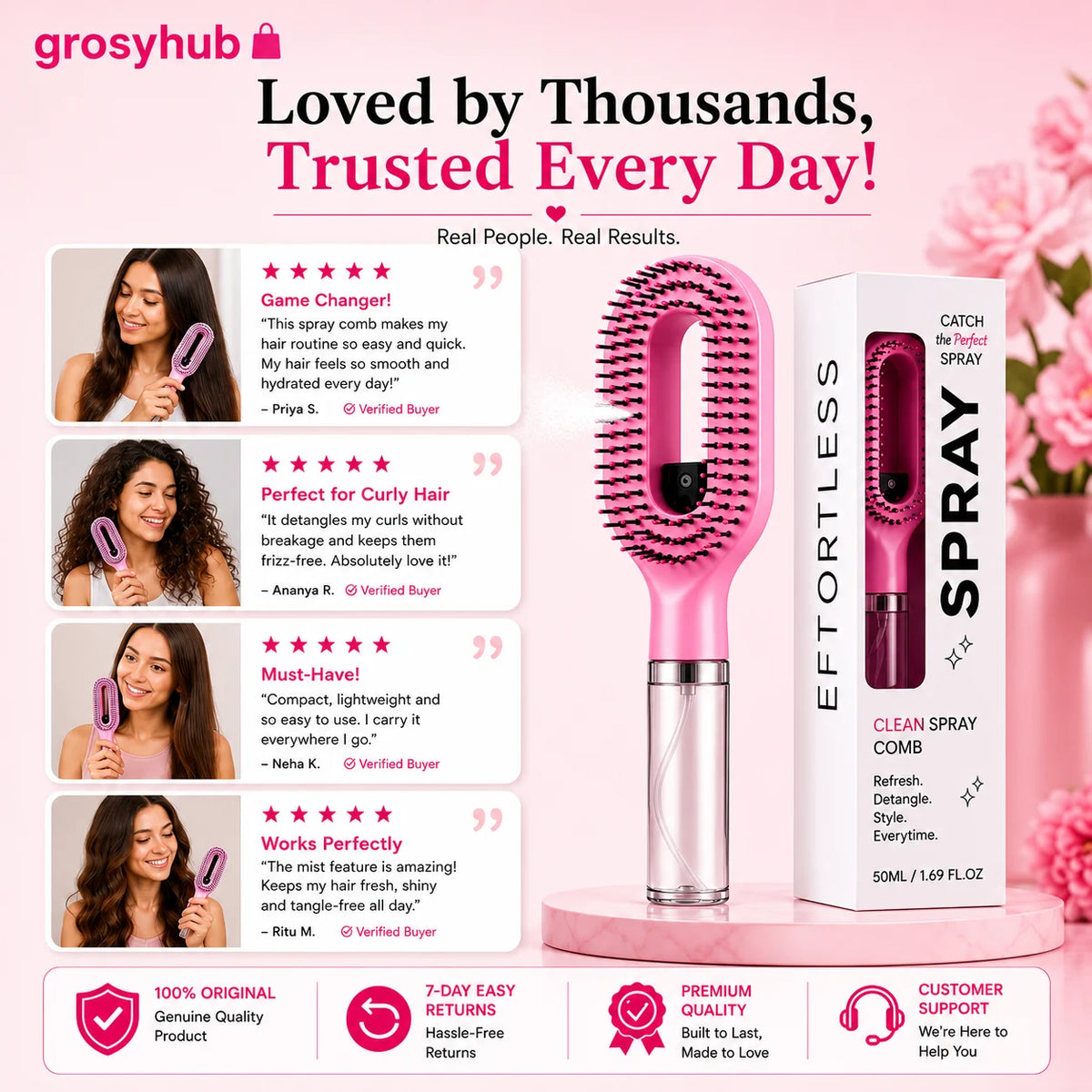 Grosyhub Multicolour 2-in-1 Spray Comb Hair Brush with Built-In Mist Bottle — Anti-Frizz Detangling Brush