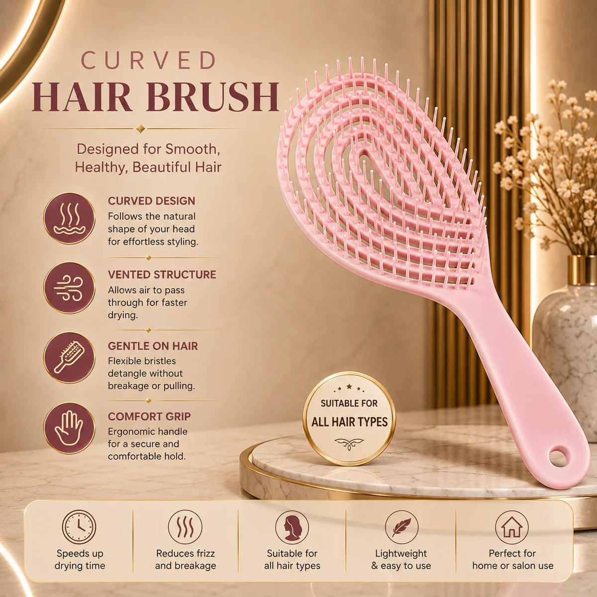 Premium Pink 3D Hair Brush for Styling, Detangling and Grooming for Men and Women