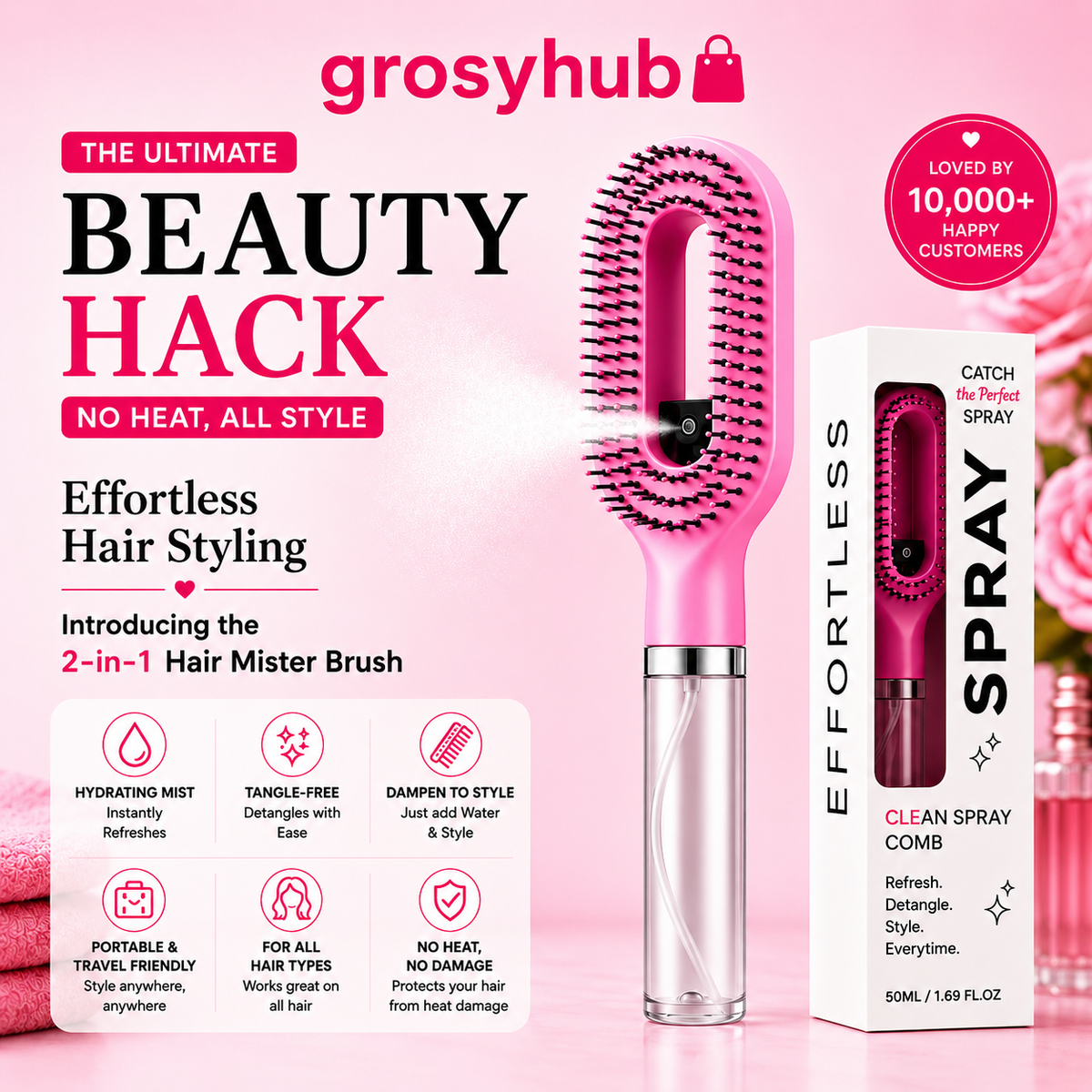 Grosyhub Multicolour 2-in-1 Spray Comb Hair Brush with Built-In Mist Bottle — Anti-Frizz Detangling Brush