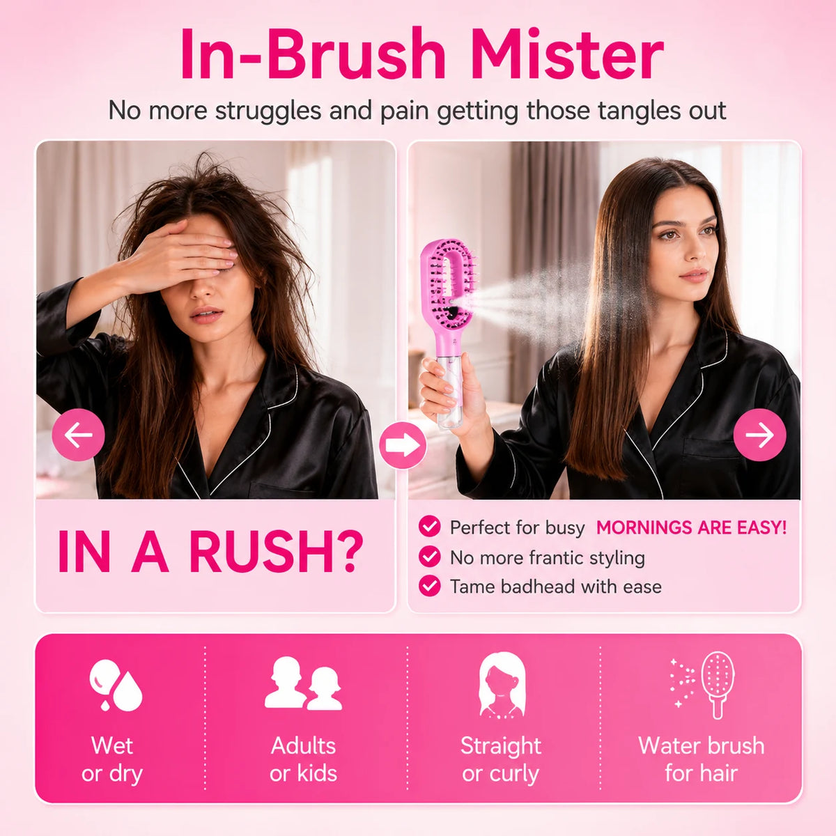 Grosyhub Multicolour 2-in-1 Spray Comb Hair Brush with Built-In Mist Bottle — Anti-Frizz Detangling Brush