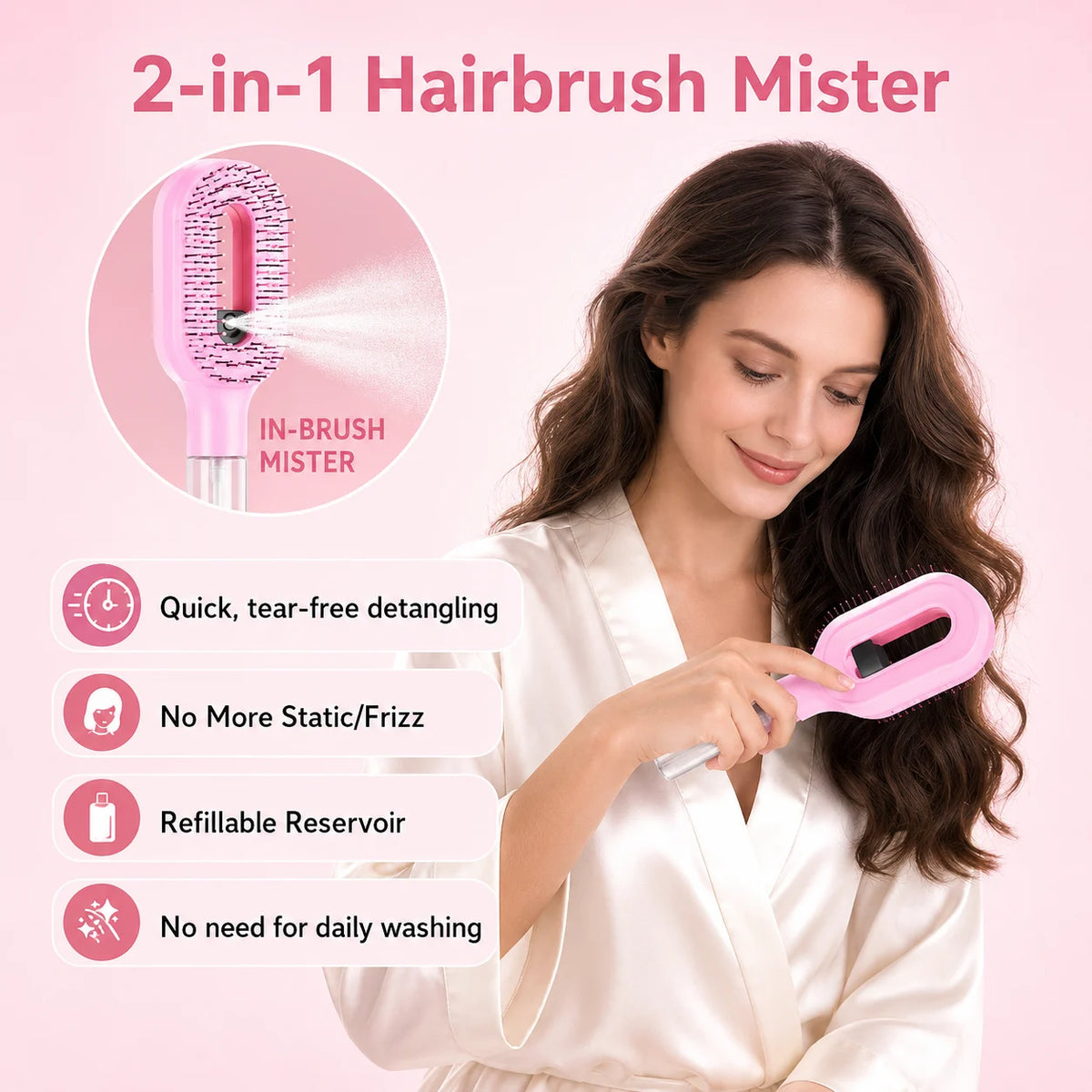 Grosyhub Multicolour 2-in-1 Spray Comb Hair Brush with Built-In Mist Bottle — Anti-Frizz Detangling Brush