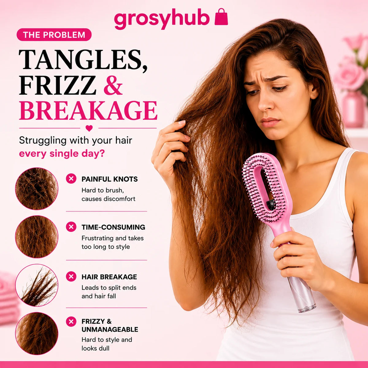 Grosyhub Multicolour 2-in-1 Spray Comb Hair Brush with Built-In Mist Bottle — Anti-Frizz Detangling Brush