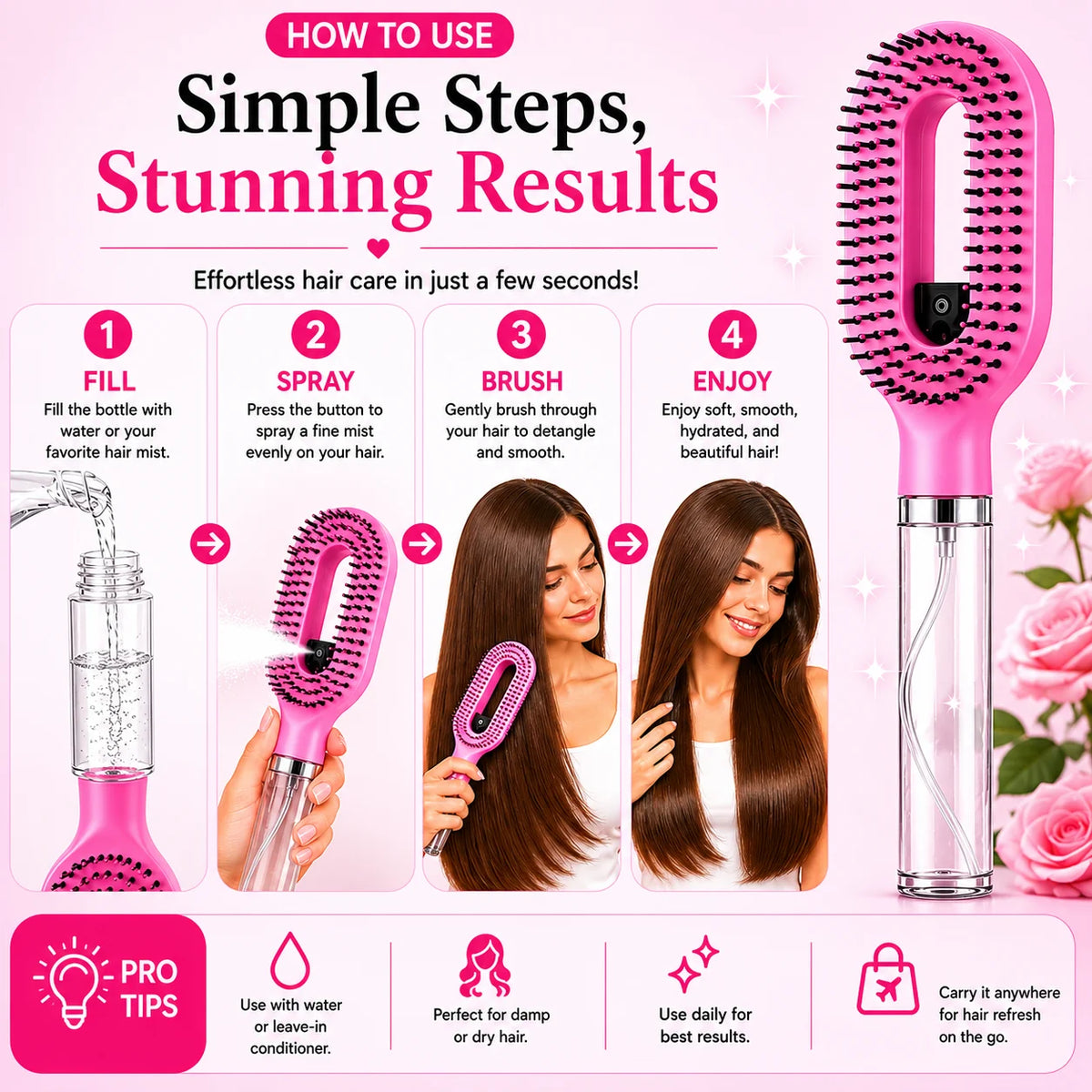 Grosyhub Multicolour 2-in-1 Spray Comb Hair Brush with Built-In Mist Bottle — Anti-Frizz Detangling Brush