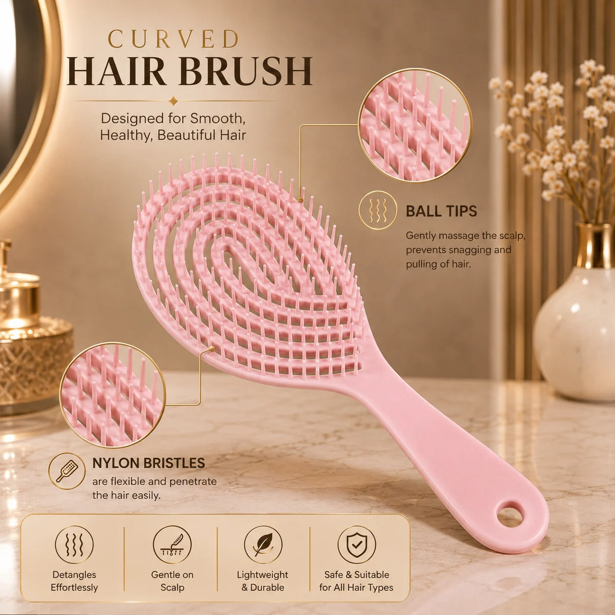 Premium Pink 3D Hair Brush for Styling, Detangling and Grooming for Men and Women