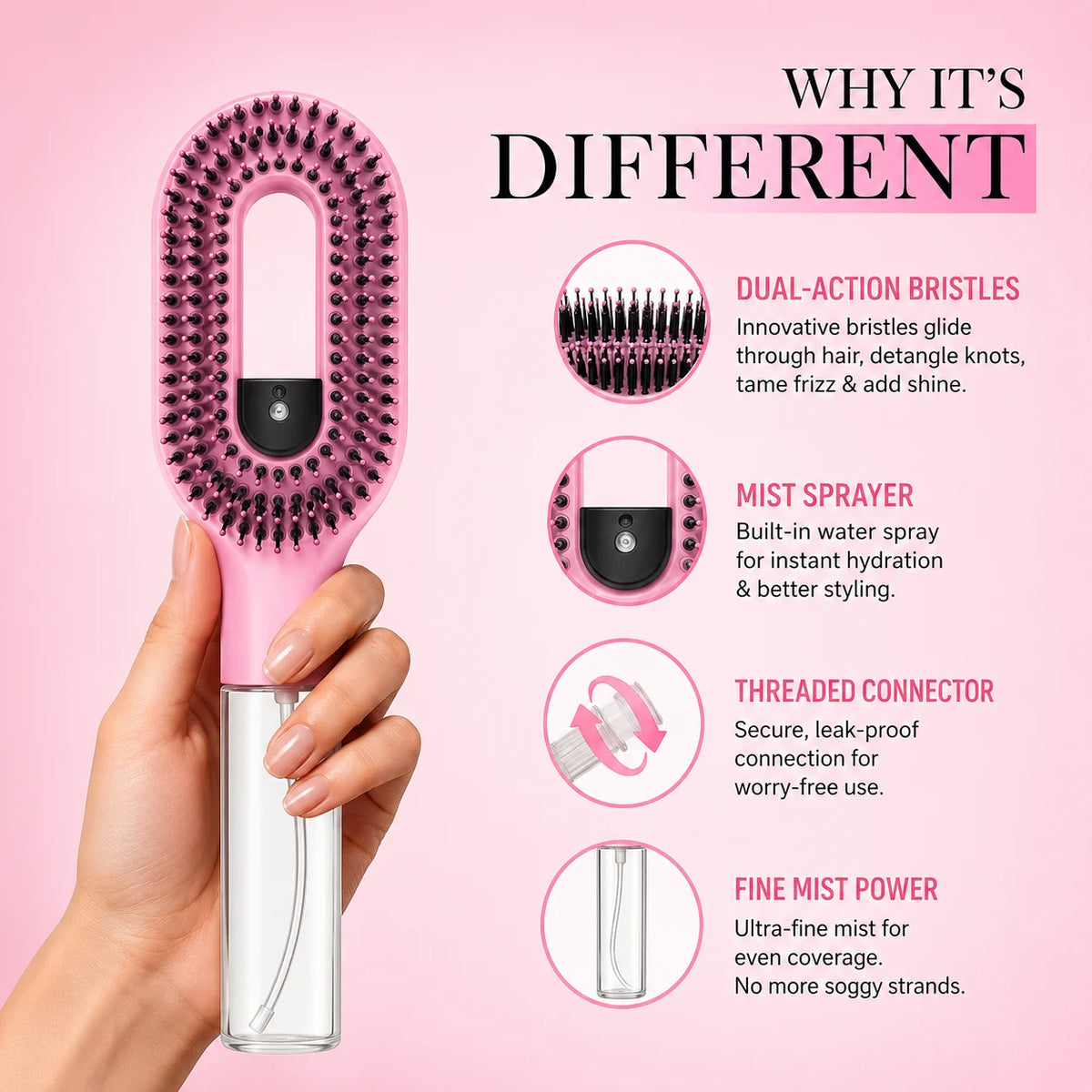 Grosyhub Multicolour 2-in-1 Spray Comb Hair Brush with Built-In Mist Bottle — Anti-Frizz Detangling Brush