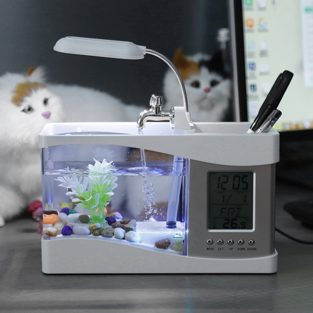 Aquarium Rechargeable Mini Fish Tank Multifunctional USB Desktop Electronic Aquarium with Clock Function LED Light Pen Holder(White)