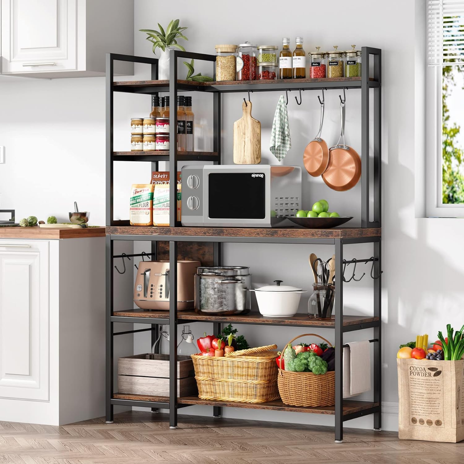 Tribesigns 5-Tier Kitchen Bakers Rack with Large Countertop, Hutch Design, and 10 Hooks