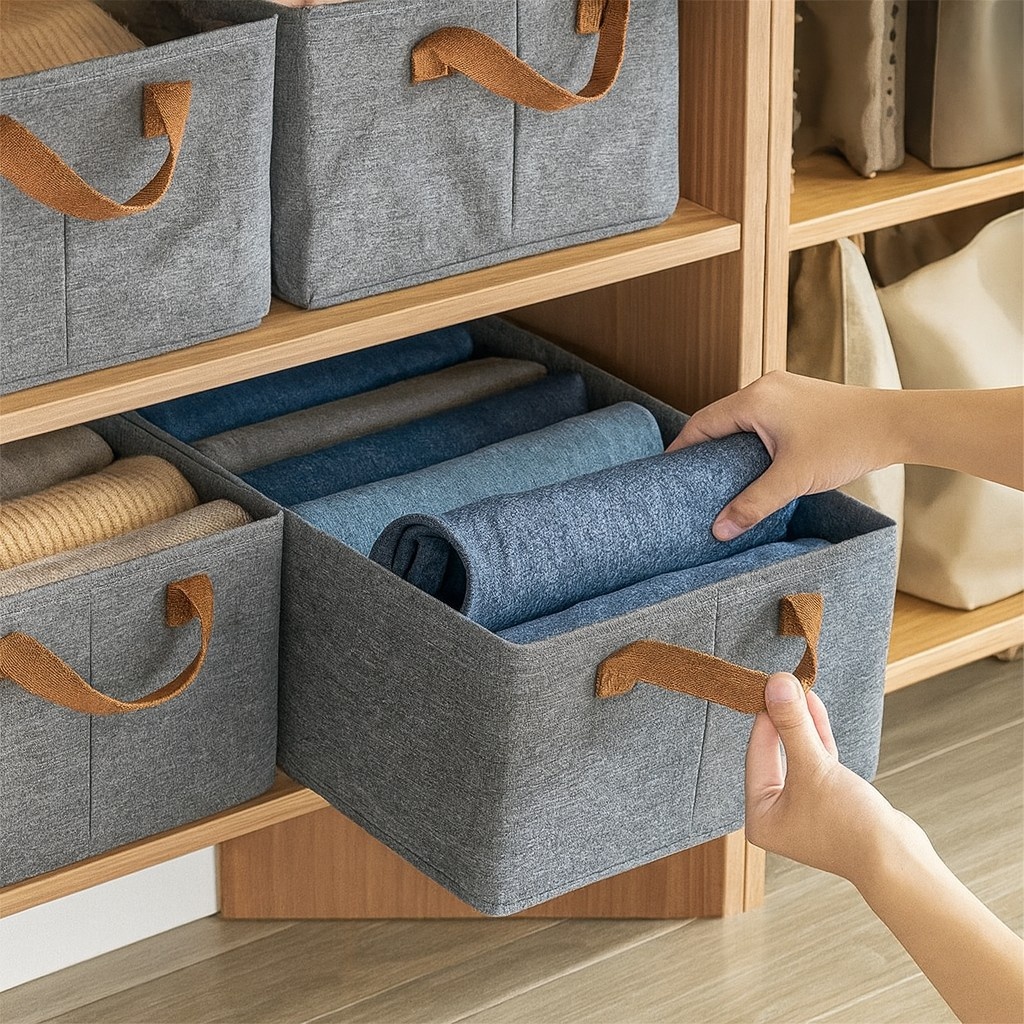 Grosyhub Foldable Grey Wardrobe Organizer with Durable Handle
