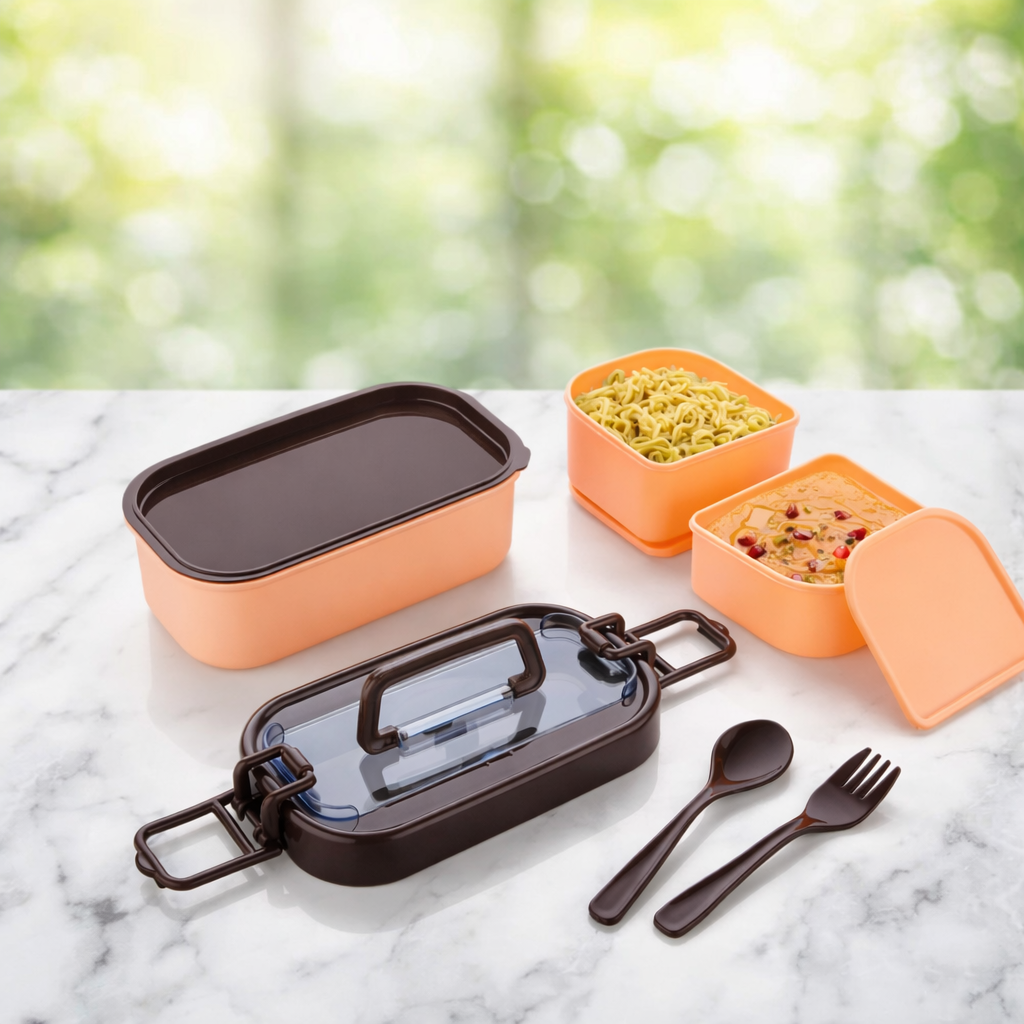 Grosyhub New Double Daker: Premium 2-Tier Stackable Bento Lunch Box with Handle and Utensil Set