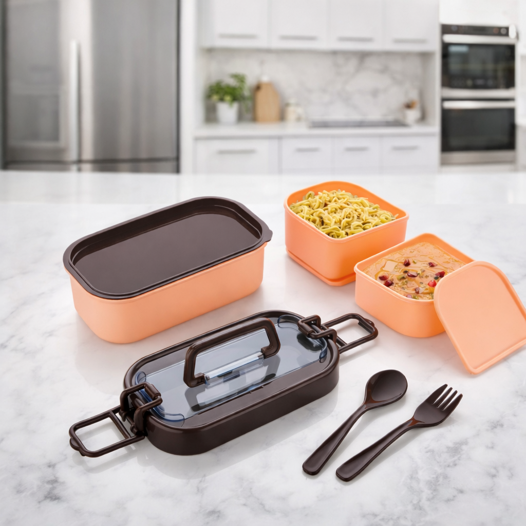 Grosyhub New Double Daker: Premium 2-Tier Stackable Bento Lunch Box with Handle and Utensil Set