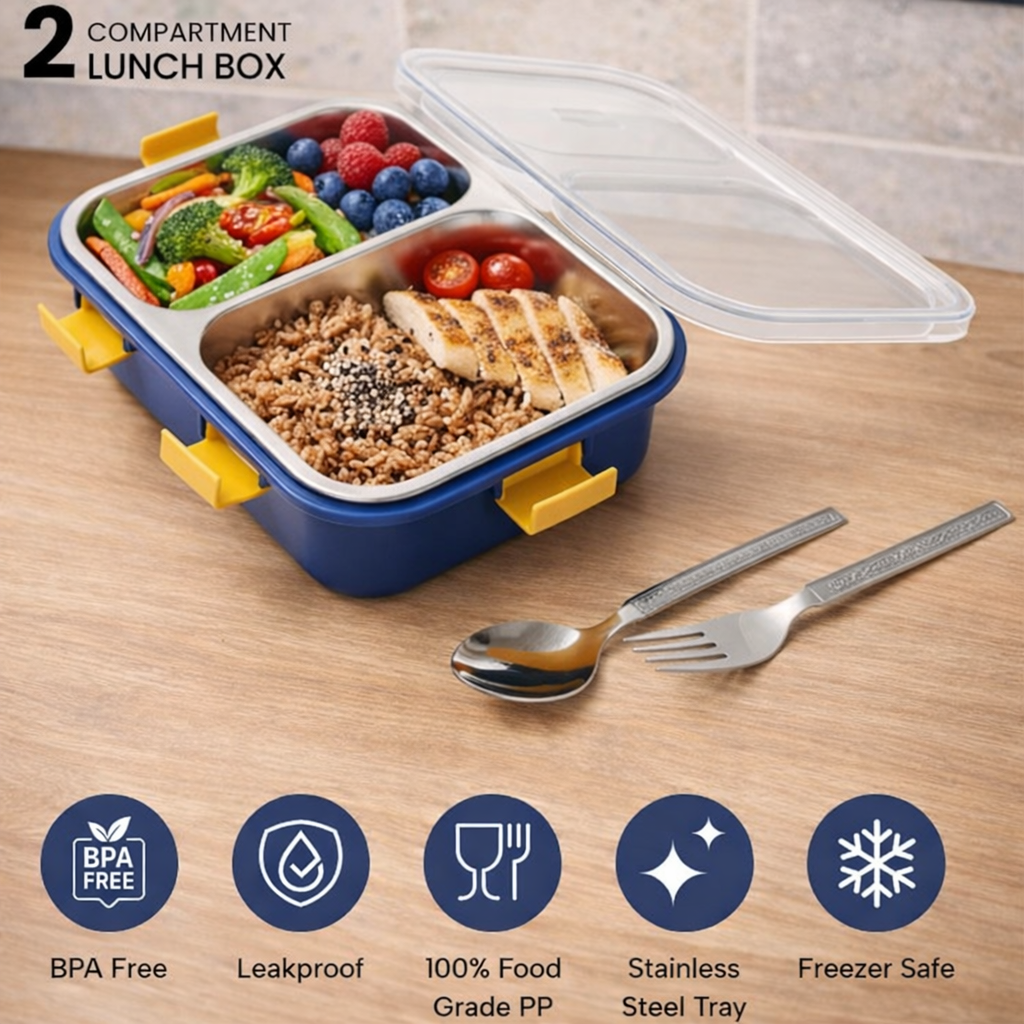 Multi Compartment Stainless Steel Airtight Lunch Box With Lid And Spoon