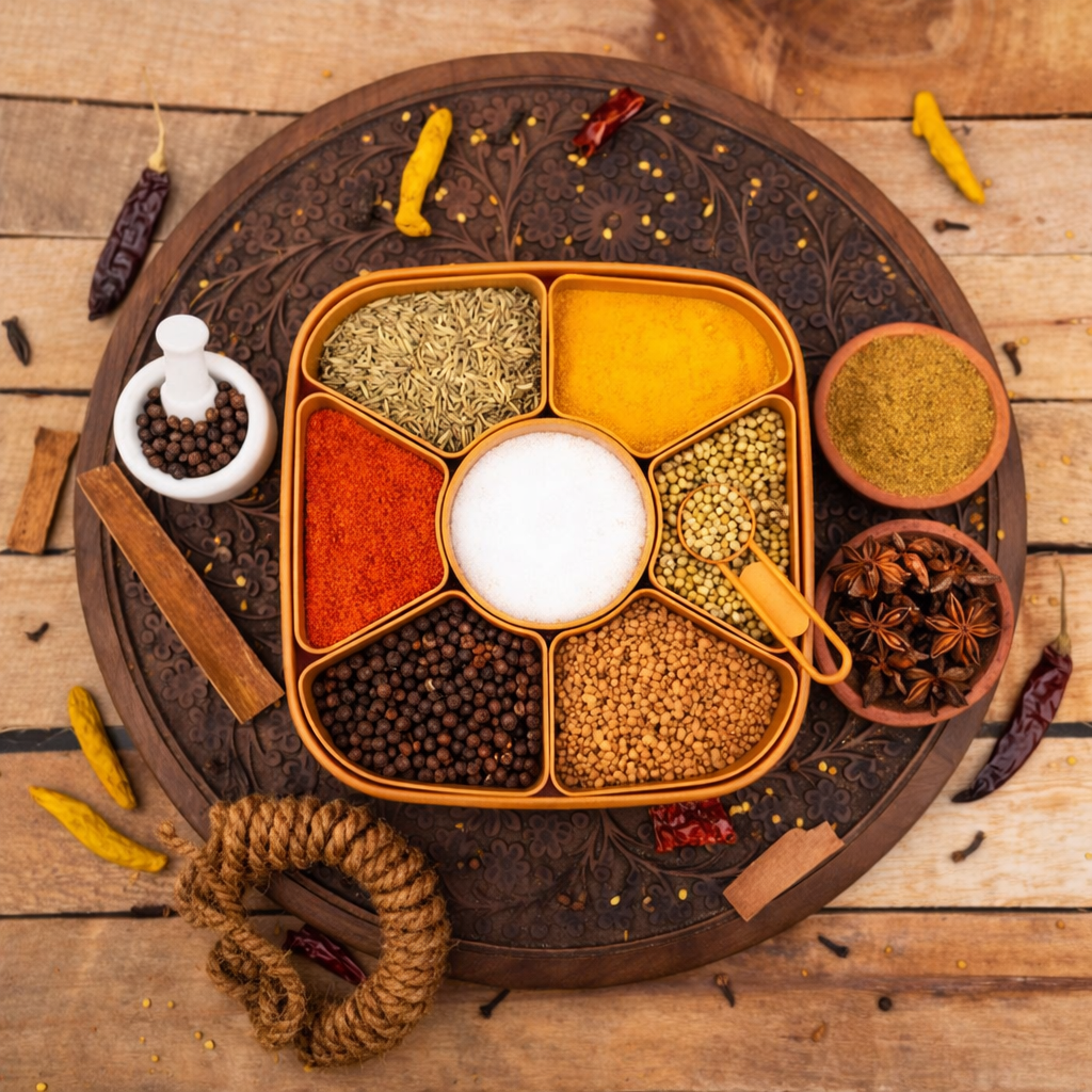 Grosyhub Square Masala Box – 7-Compartment Spice Organizer