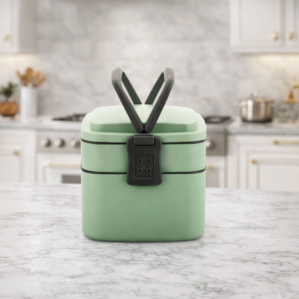 Grosyhub Sage Green Tiered Bento Box with Comfort-Grip Handles