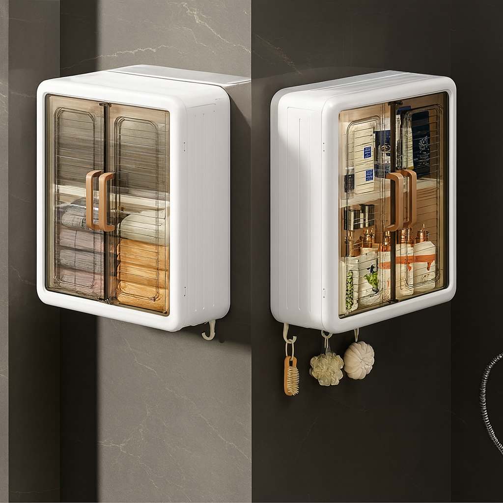 Grosyhub Classy White Double Door Wall Mounted Transparent Storage Box with Hooks