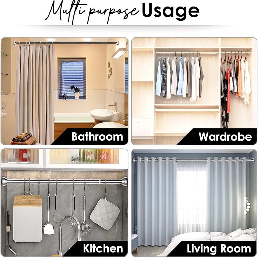 Grosyhub Adjustable Shower Curtain Tension Rod 125CM| Non-Drilling| Anti-Skid|Multi-Purpose| Spring Pull Rod - (Stainless Steel)