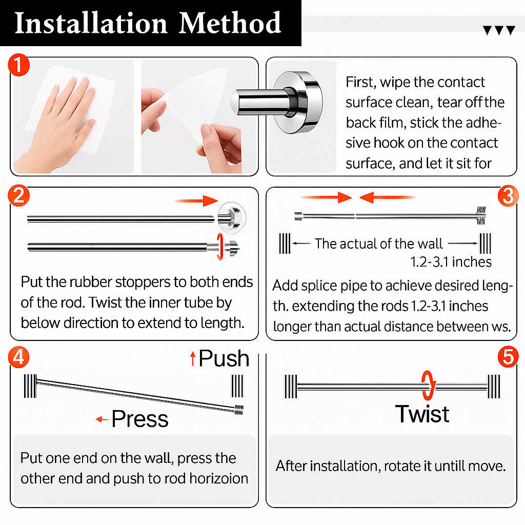 Grosyhub Adjustable Shower Curtain Tension Rod 105CM| Non-Drilling| Anti-Skid|Multi-Purpose| Spring Pull Rod - (Stainless Steel)