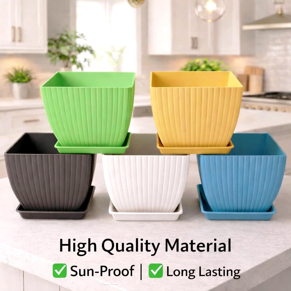 Grosyhub Modern Ribbed Square Planter Pots with Drainage Tray (5 Pcs Set)