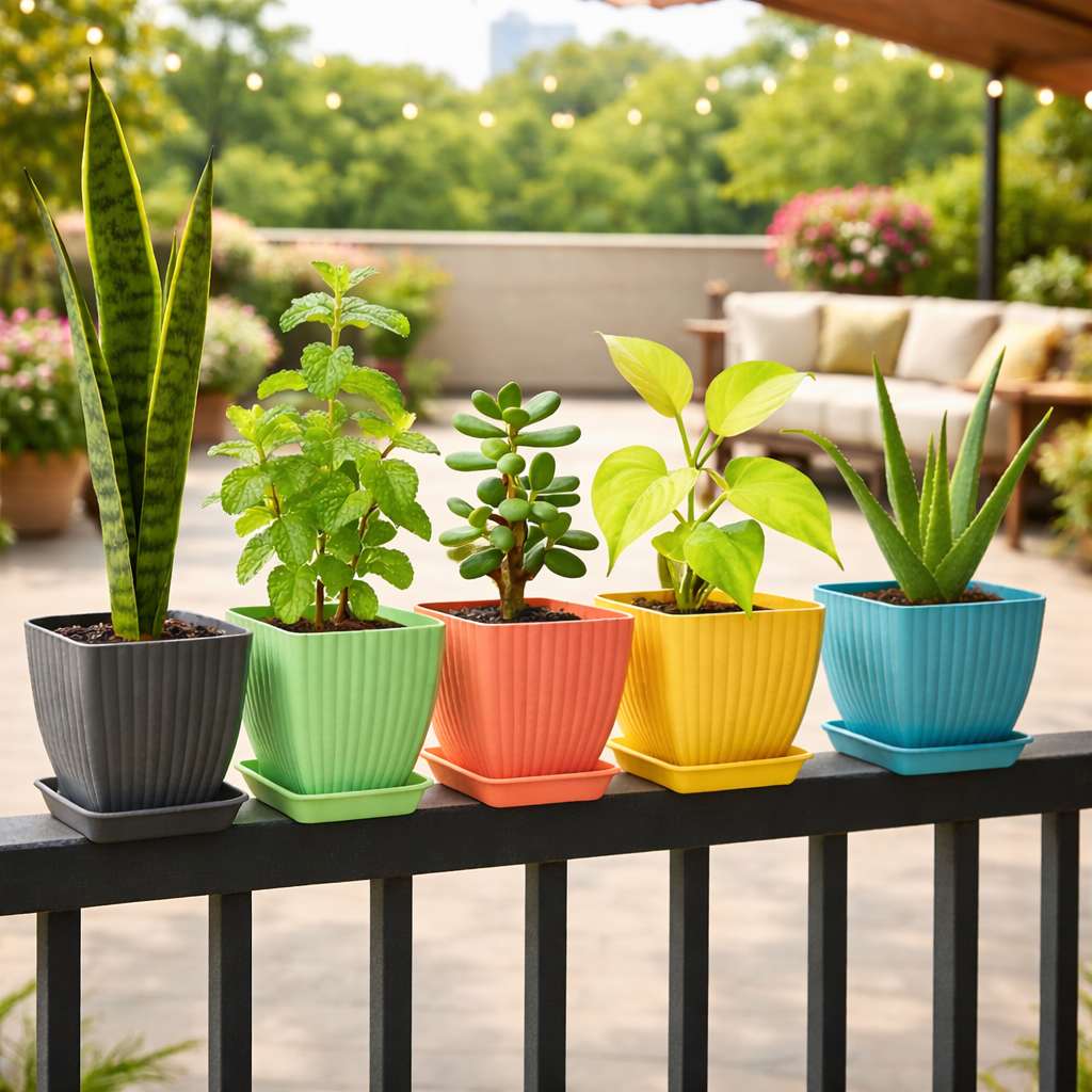 Grosyhub Modern Ribbed Square Planter Pots with Drainage Tray (5 Pcs Set)