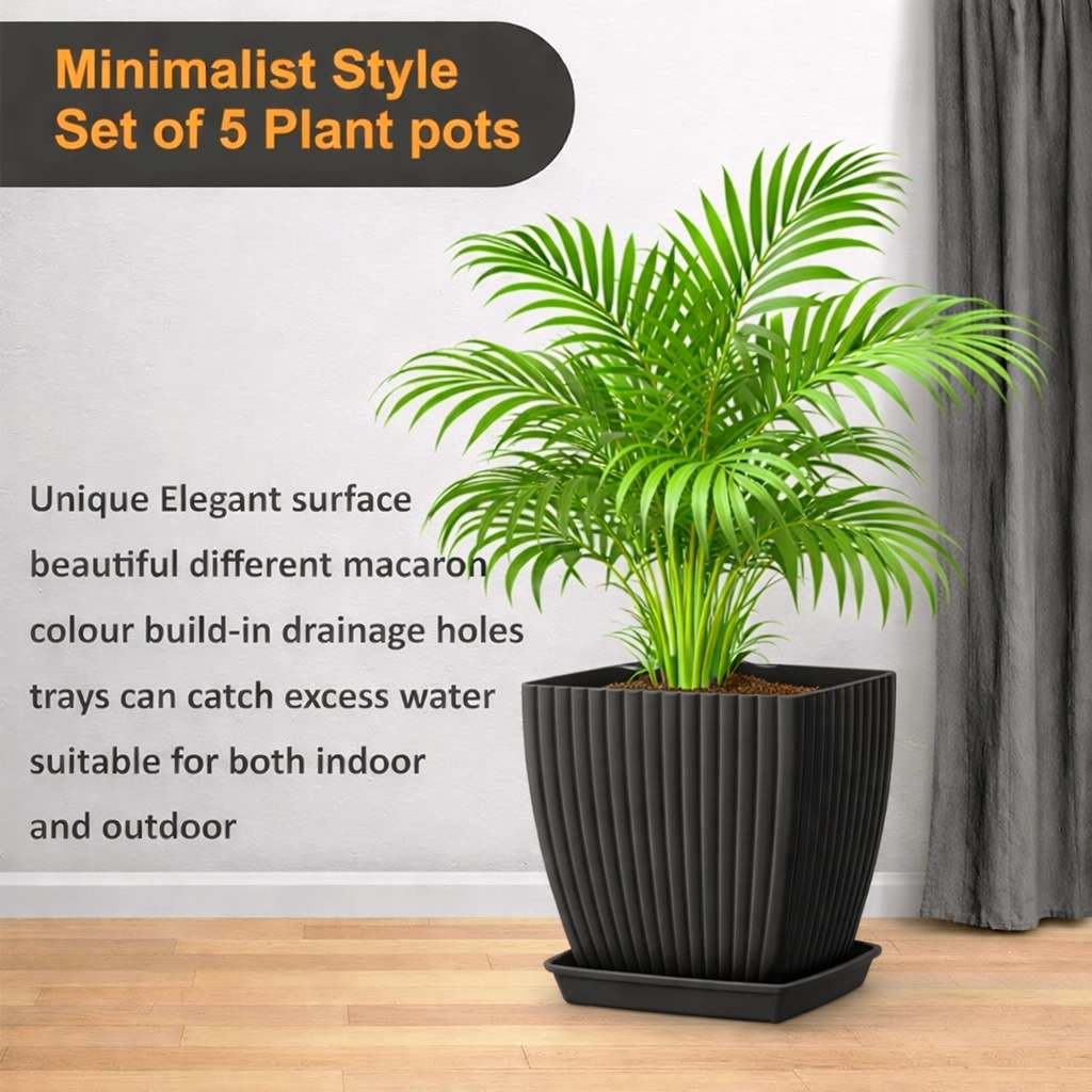 Grosyhub Modern Ribbed Square Planter Pots with Drainage Tray (5 Pcs Set)