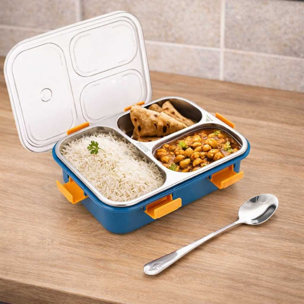 Multi Compartment Stainless Steel Airtight Lunch Box with Lid and Spoon
