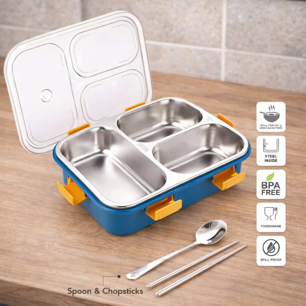 Multi Compartment Stainless Steel Airtight Lunch Box with Lid and Spoon