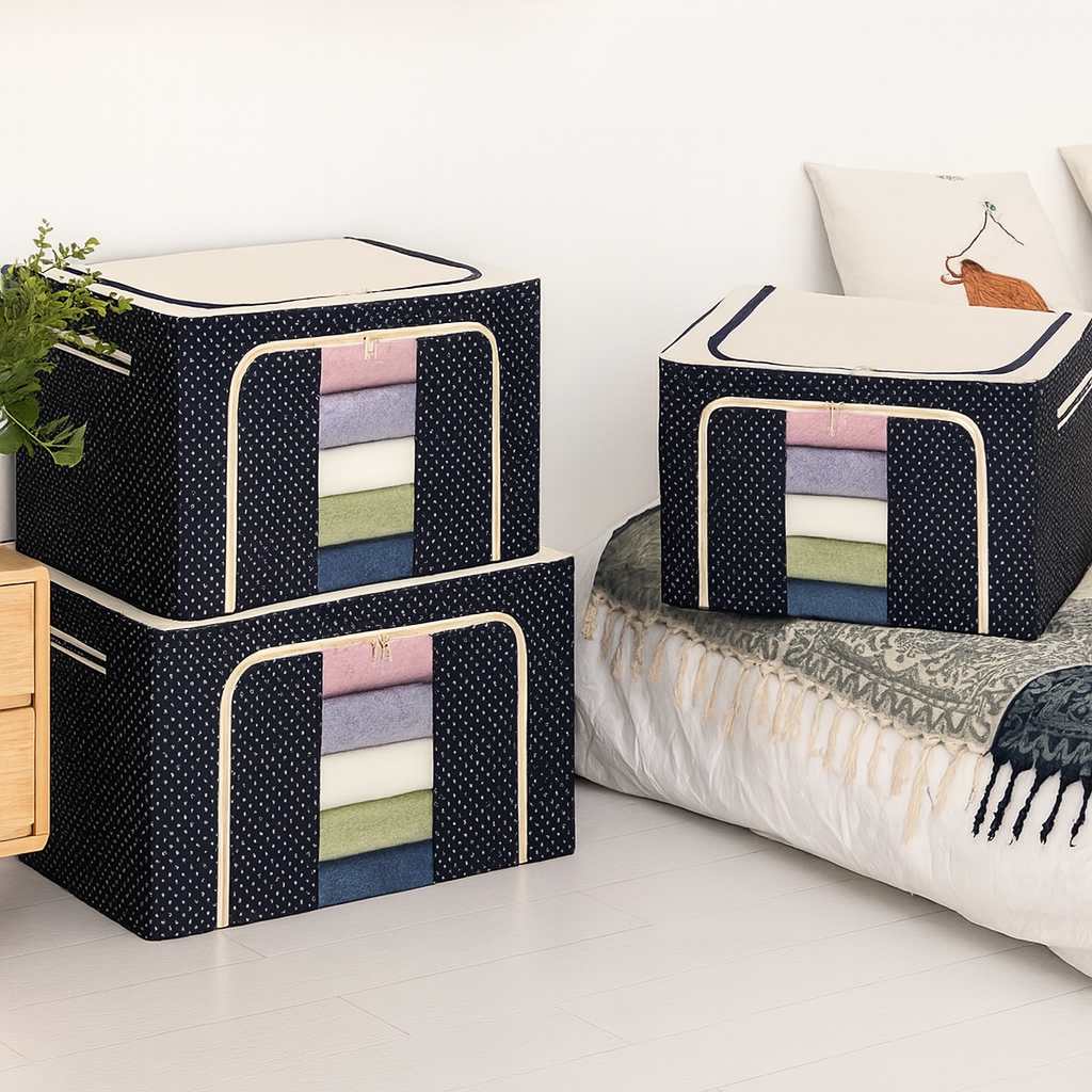 Grosyhub Double-Sided Zipper Living Box - Fabric Storage Boxes for Clothes, Saree Cover Bags - 24 Litre, Pack of 1, Polka Dot