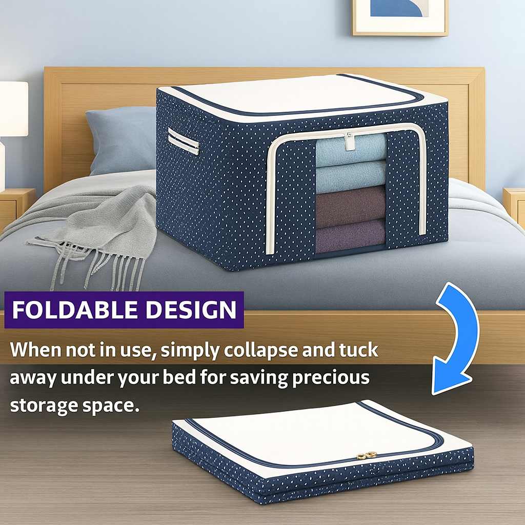 Grosyhub Double-Sided Zipper Living Box - Fabric Storage Boxes For Clothes, Saree Cover Bags - 66 Litre, Pack Of 1, Polka Dot