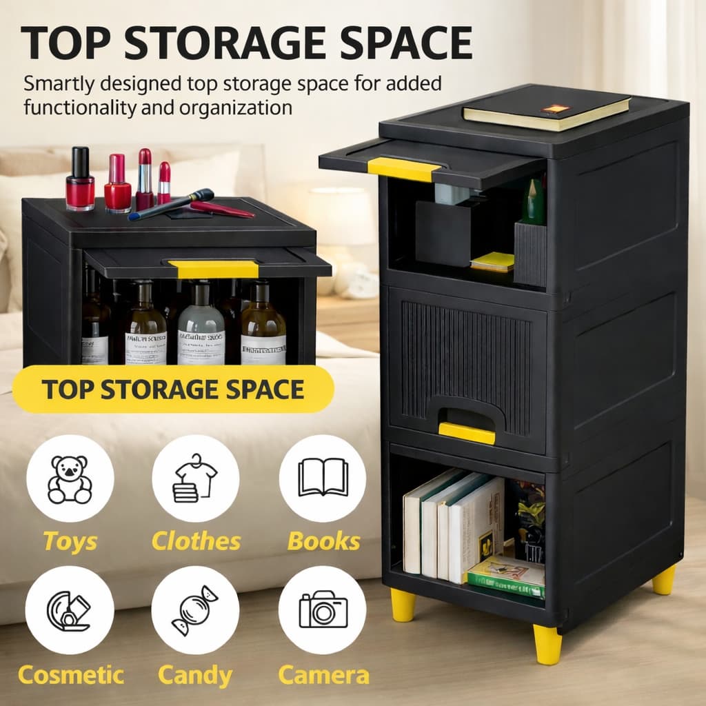 Grosyhub Multi Layer Design Flip Top Modular Storage Cabinet Black (3 Layer)
