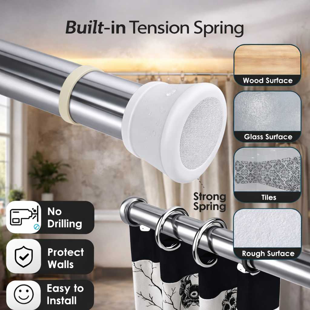 Grosyhub Premium Stainless Steel 85CM Adjustable No-Drill Tension Rod with White Non-Slip Rubber End Caps