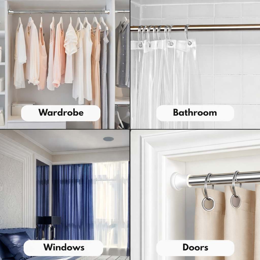 Grosyhub Premium Stainless Steel 105CM Adjustable No-Drill Tension Rod with White Non-Slip Rubber End Caps