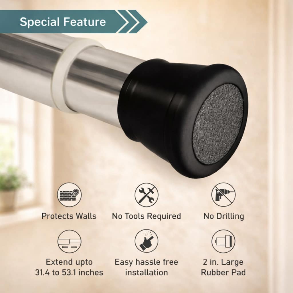 Grosyhub Premium Stainless Steel 85CM Adjustable No-Drill Tension Rod with Black Non-Slip Rubber End Caps