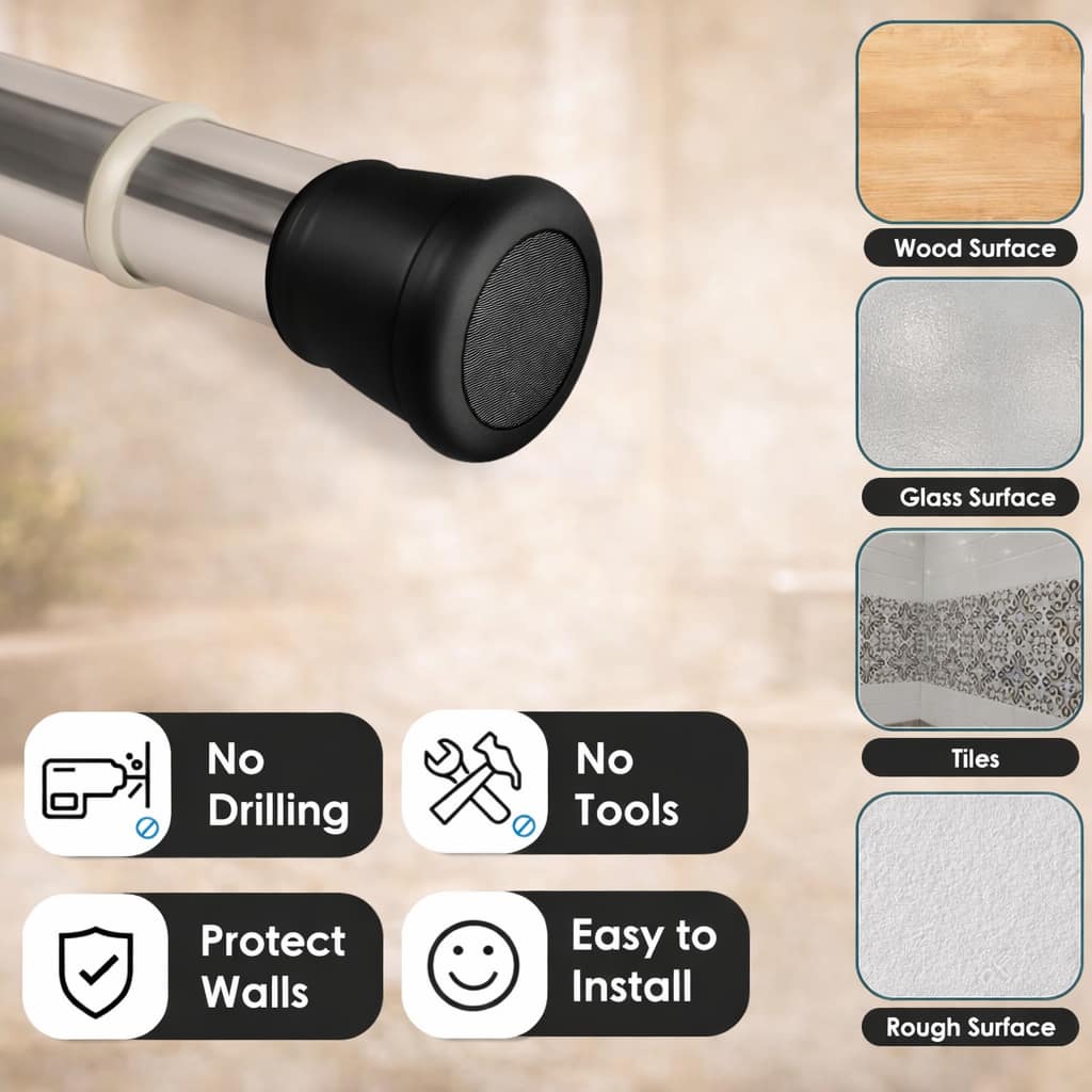 Grosyhub Premium Stainless Steel 125CM Adjustable No-Drill Tension Rod with Black Non-Slip Rubber End Caps